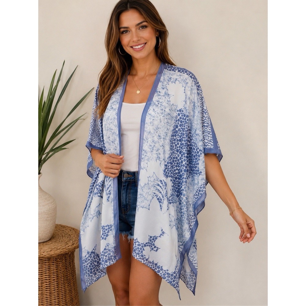 Floral Kimono Cover Up Blue White One Size Lightweight NWT